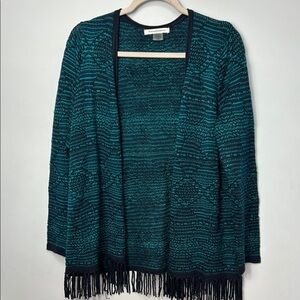 Allison Dailey Navy Teal Fringe Cardigan Sweater